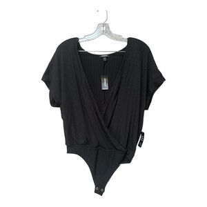 NWT Express Black Wrap Bodysuit Small Ribbed Shimmer V Neck Top